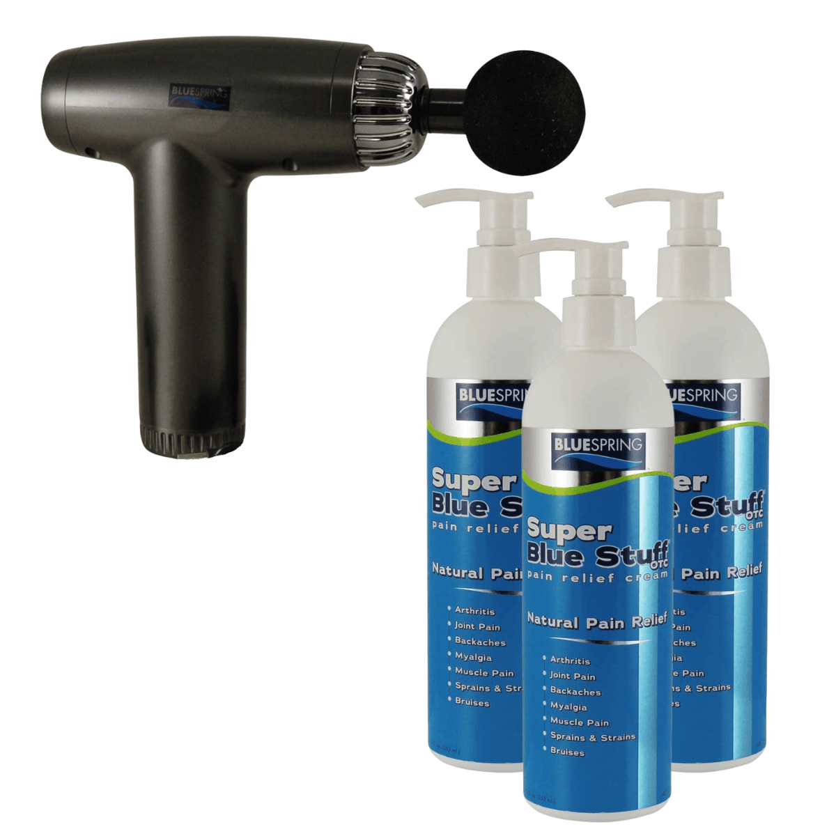 SBS-3244: Buy 3 Super Blue Stuff 12-oz. Bottles, Get 1 Deep Muscle Relief Massage Gun FREE Plus Free Shipping!