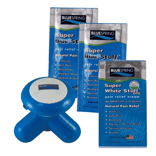 GFT-3248: Gentle Vibration Electric Massager and Super Blue Stuff/Super White Stuff Travel Packs