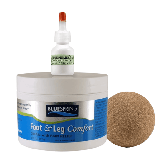 HLT-3232: Buy 1 Foot & Leg Comfort jar and 1 Pure Prime Emu Oil Sample bottle, Get 1 Cork Massage Ball Free!