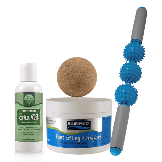 HLT-3233: Buy 1 Each Foot & Leg Comfort jar, Pure Prime Emu Oil 4-oz. bottle, Cork Massage Ball, and Spiky Ball Massage Roller, Get $20 Off Plus Free Shipping!