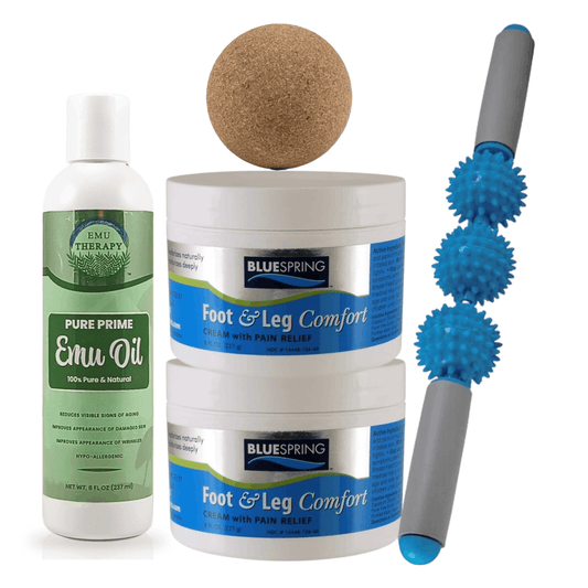 HLT-3234: Buy 2 Foot & Leg Comfort jars and 1 Each Pure Prime Emu Oil 8-oz. bottle, Cork Massage Ball, and Spiky Ball Massage Roller, Get $40 Off Plus Free Shipping!