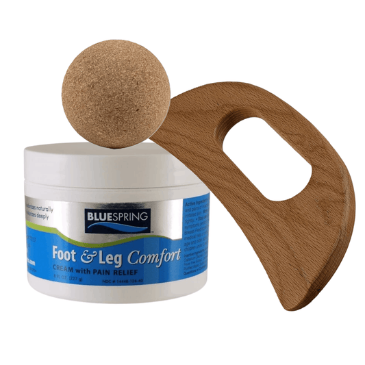 HLT-3238: Buy 1 Each Foot & Leg Comfort 8-oz. jar, Gua Sha Massage Tool, and Cork Massage Ball, Save $8.50!
