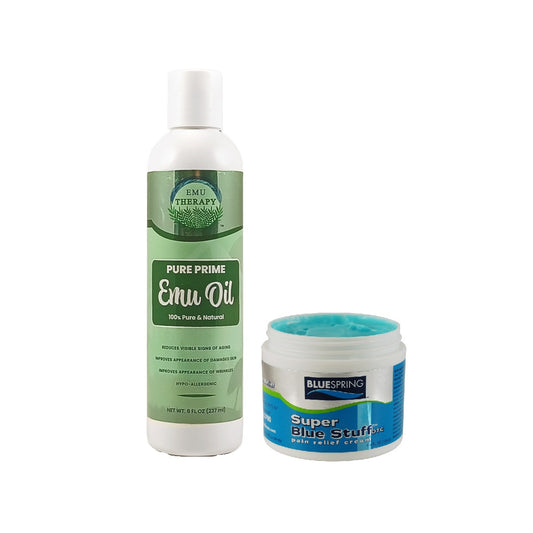 EMU-3135: Buy an 8-oz. Pure Prime Emu Oil bottle, Get 1 Super Blue Stuff OTC 4-oz. jar at Half Price and FREE SHIPPING - 44% OFF Market Prices!