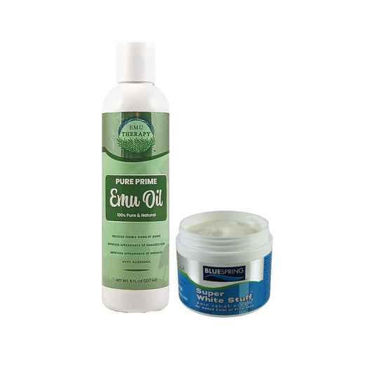 EMU-3136: Buy an 8-oz. Pure Prime Emu Oil bottle, Get 1 Super White Stuff OTC 4-oz. jar at Half Price and FREE SHIPPING - 44% OFF Market Prices!