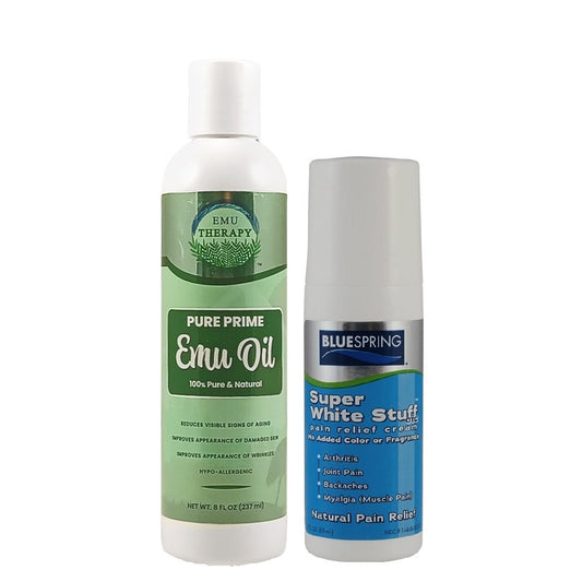 EMU-3158: 8-oz. Pure Prime Emu Oil, Get 1 Super White Stuff OTC 3-oz. roll-on at Half Price Plus Free Shipping - 44% OFF Market Prices!