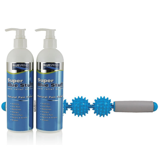 HLT-3102: Buy 2 Super Blue Stuff 12-oz. bottles, Get 1 Spiky Ball Massage Roller FREE Plus FREE SHIPPING! - 20% OFF!